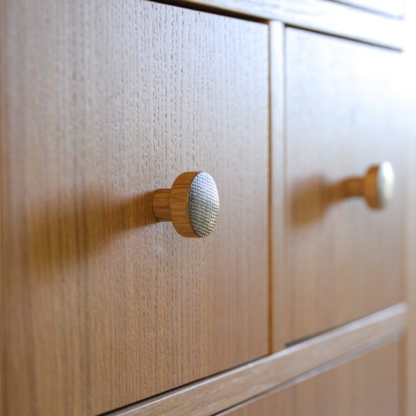 Brass STAMP knobs on oak furniture - DOT Manufacture